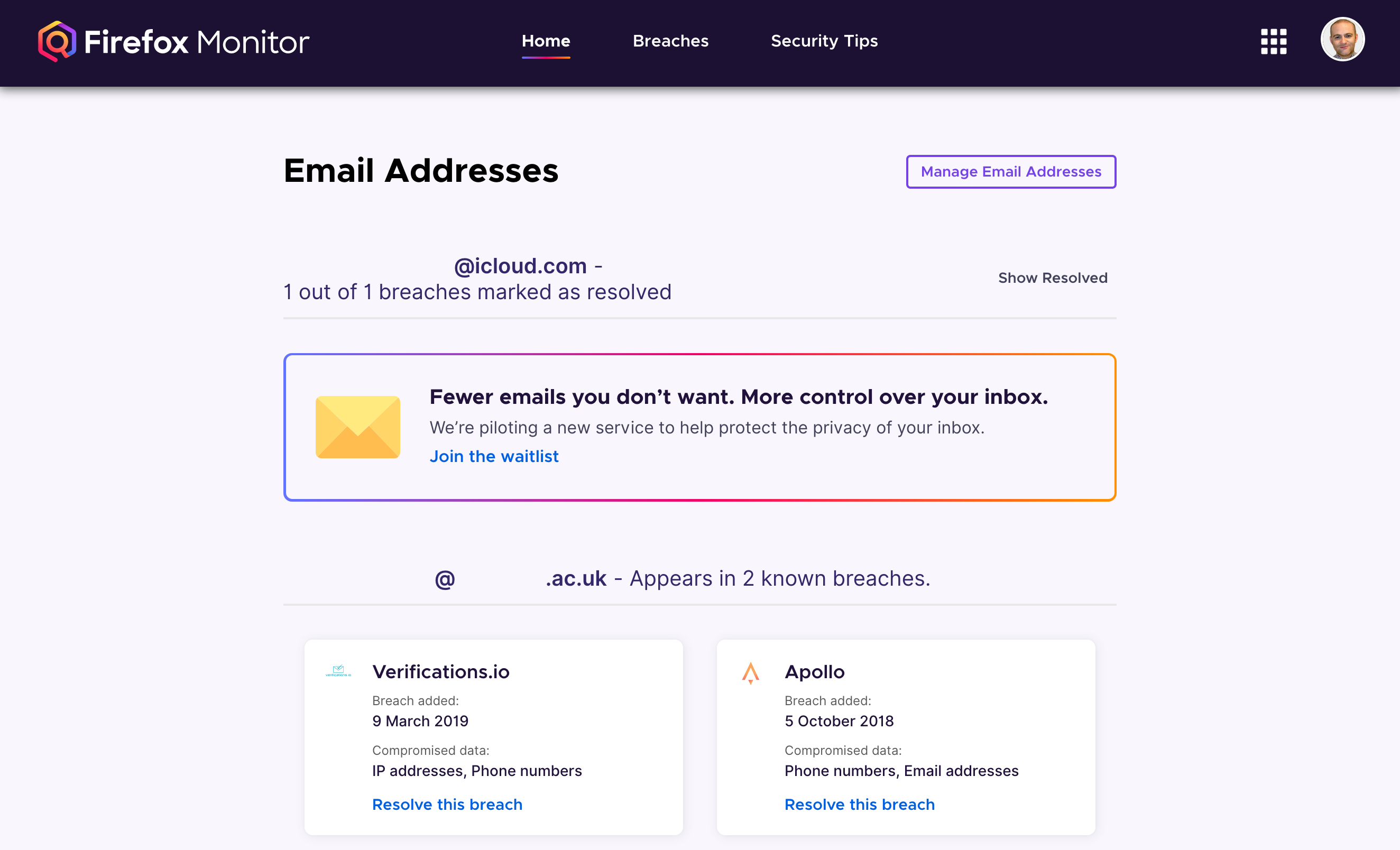 The Email Addresses window.