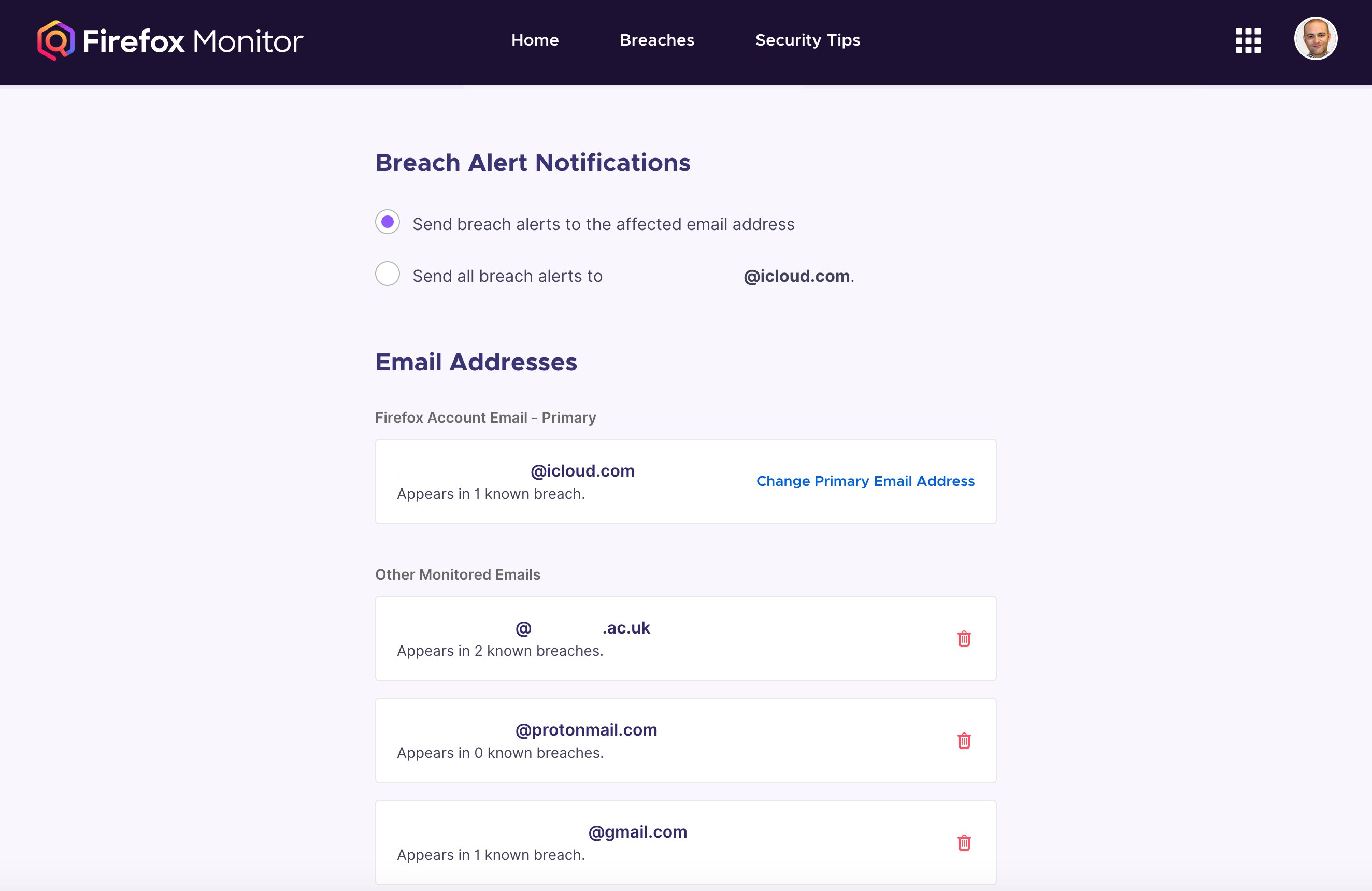 The Breach Alert Notifications window.