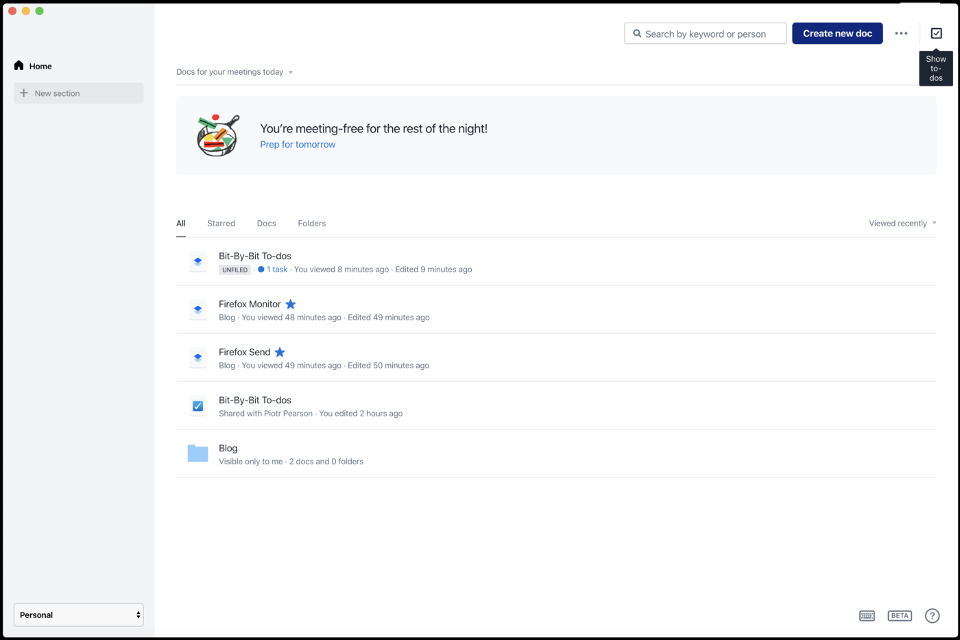 The Dropbox Paper desktop app Home screen.