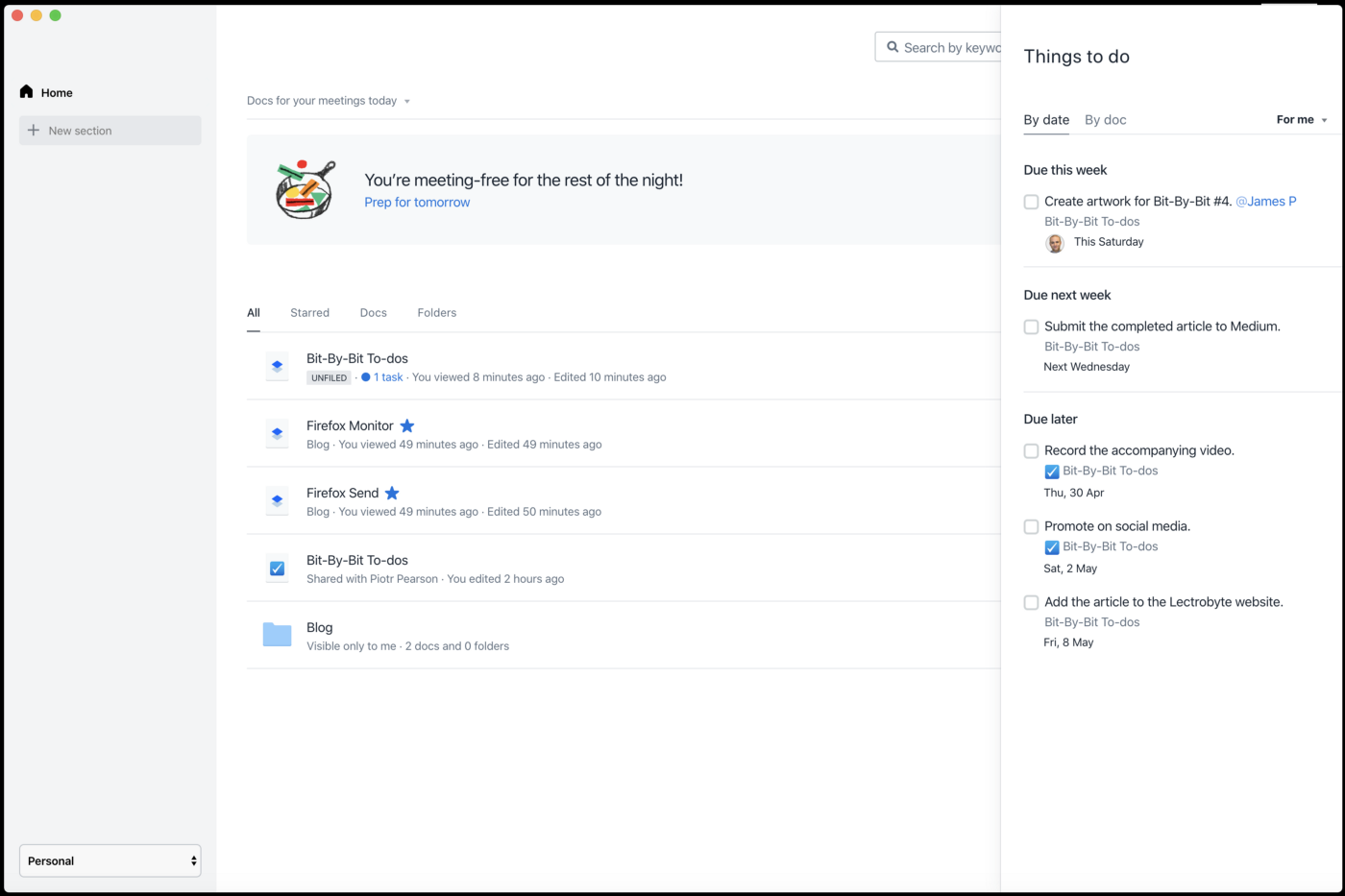 The Things to do panel opened on the Dropbox Paper desktop app.