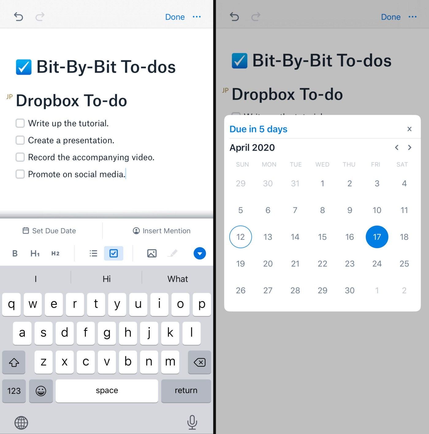 To-dos and due date calendar added to a Dropbox Paper mobile document.