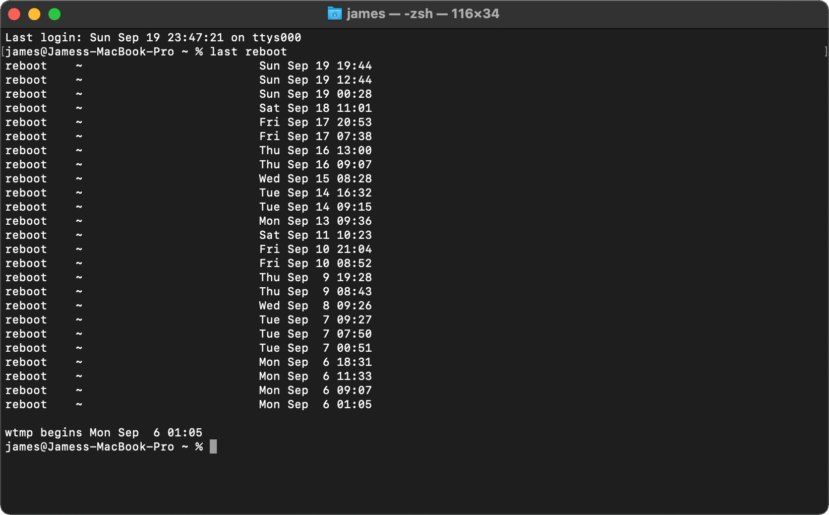 A list of recent reboots show in the Terminal.
