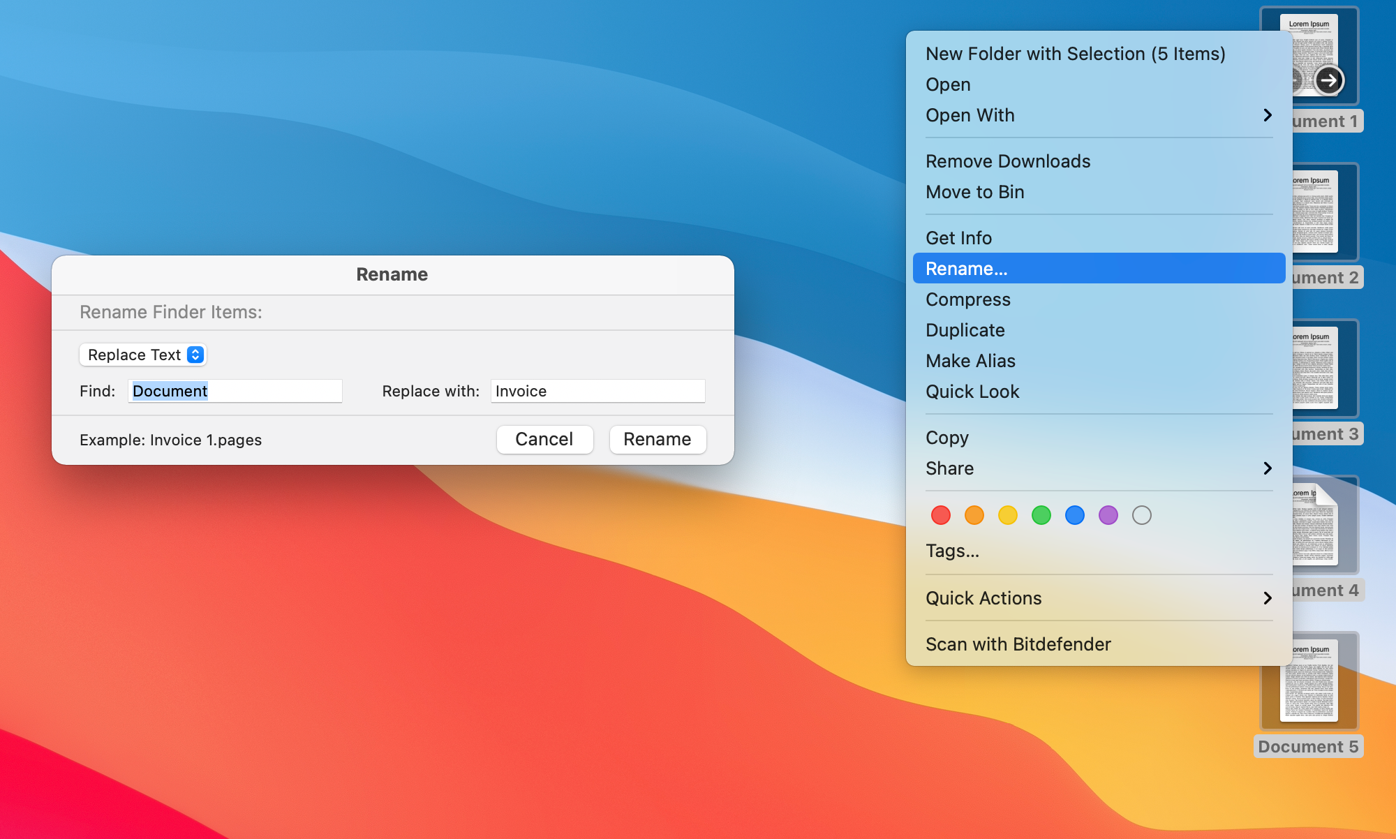 The Rename box with the Replace Text option selected.