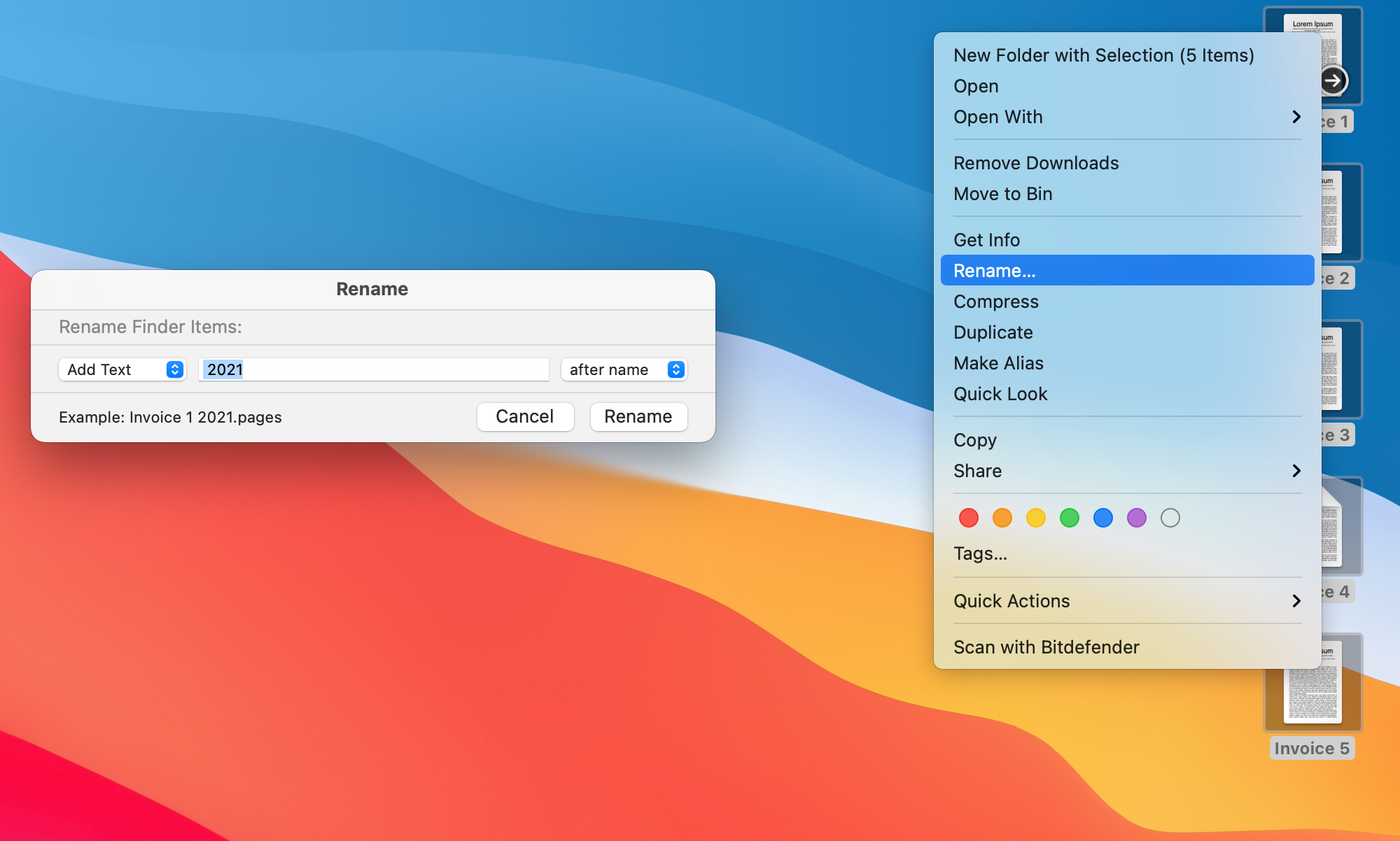 The Rename box with the Add Text option selected.
