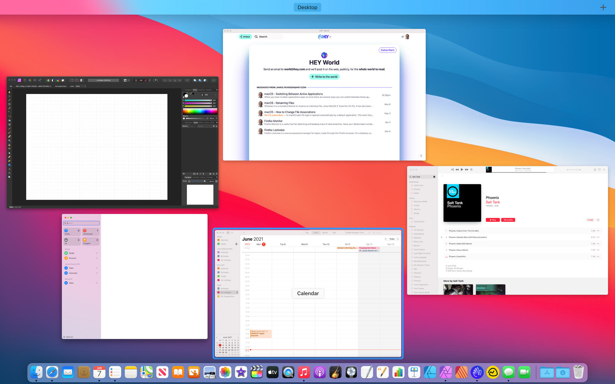 The Mission Control feature showing an overview of all active application windows.