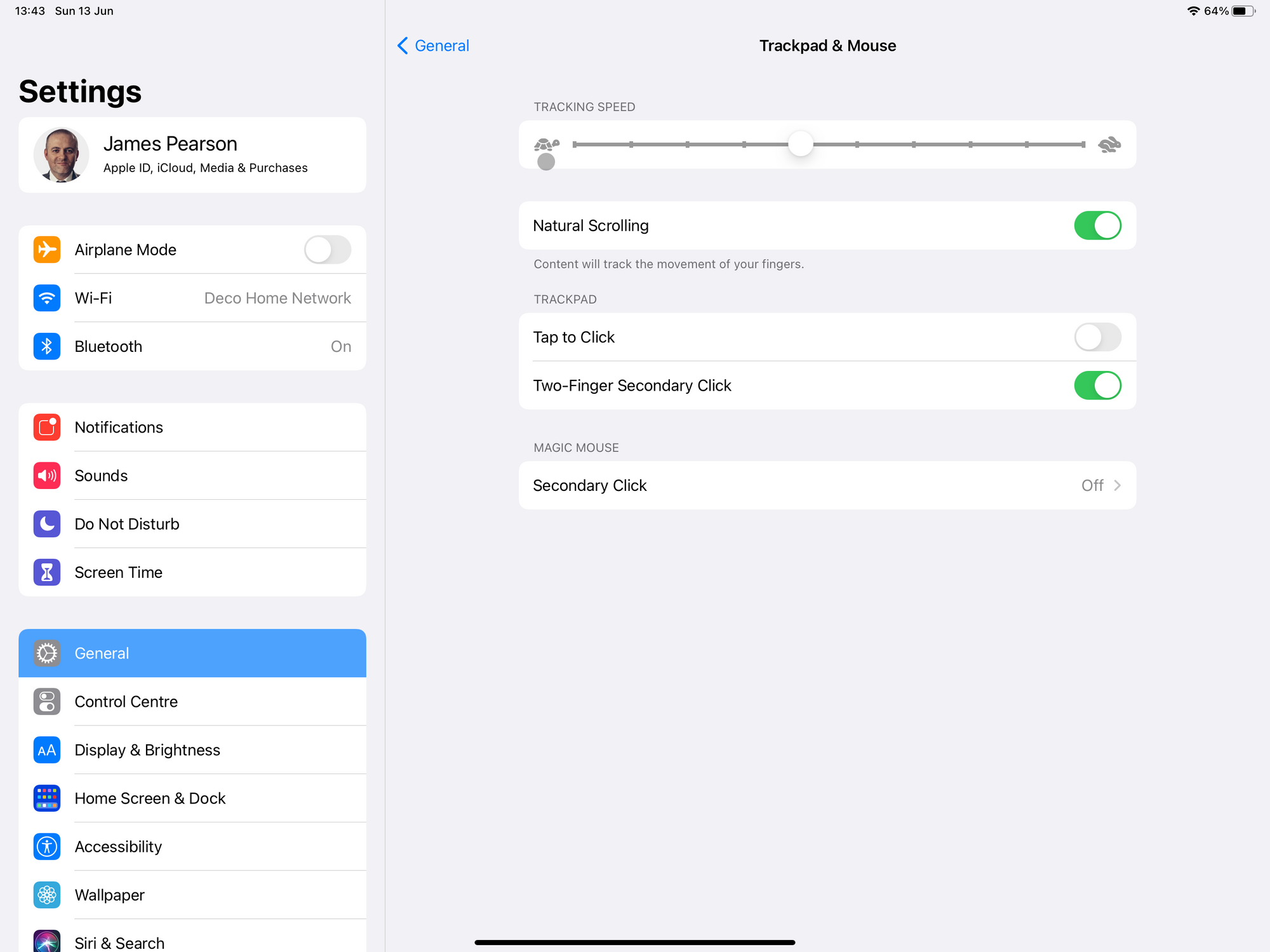 The Trackpad & Mouse options shown in the Settings app.