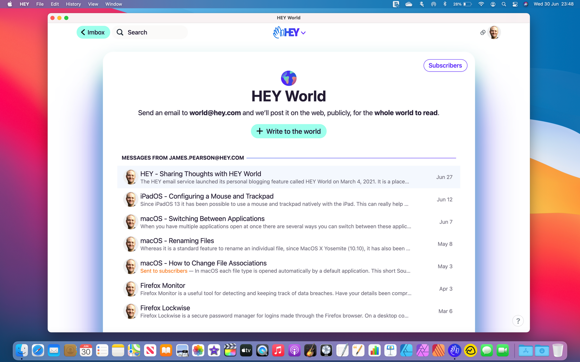 The HEY World page showing all your published posts.