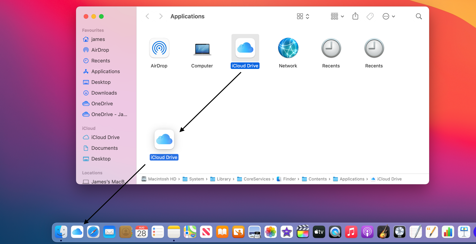 Dragging the iCloud Drive application icon into the Dock.