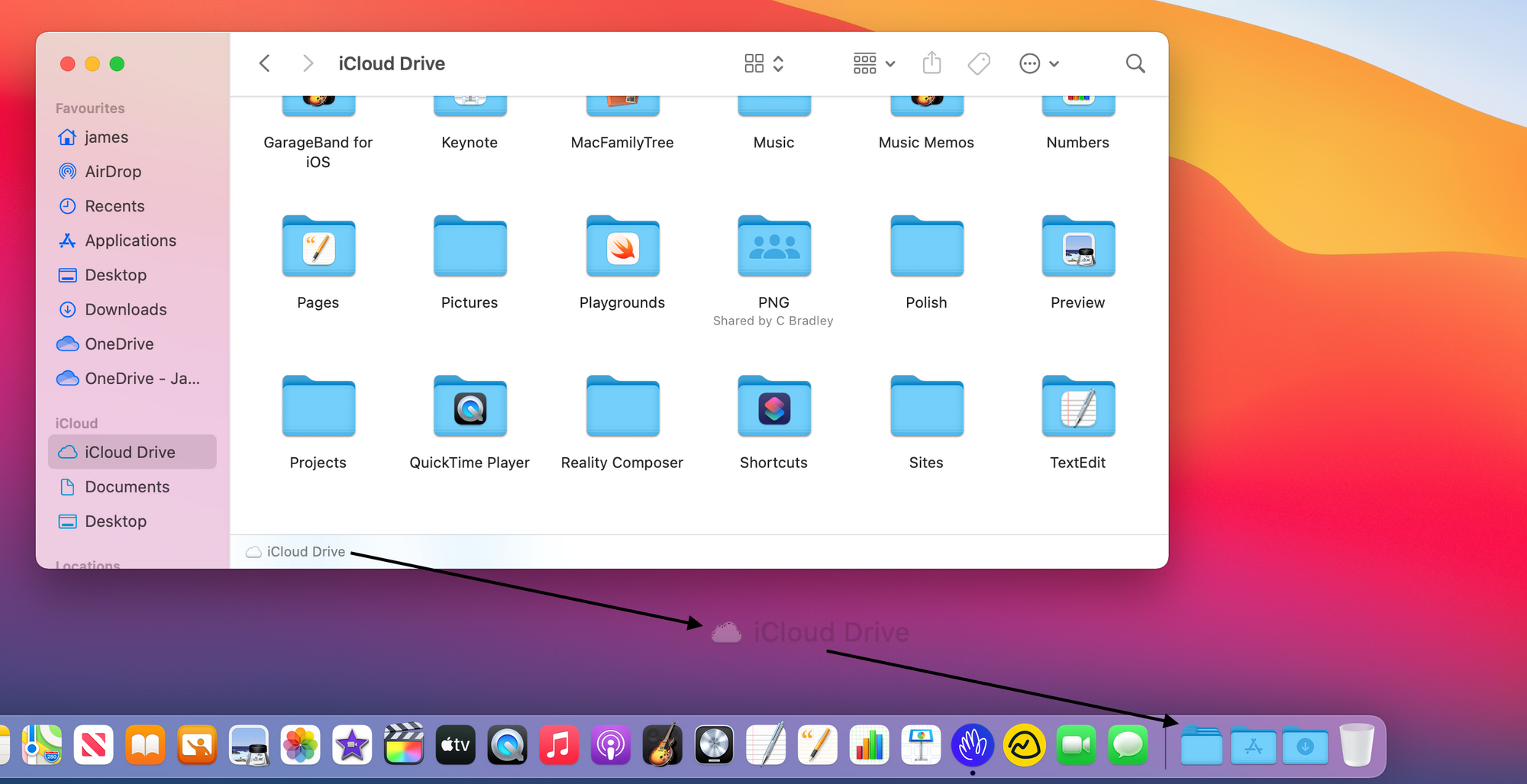 Dragging the iCloud Drive folder into the Dock.