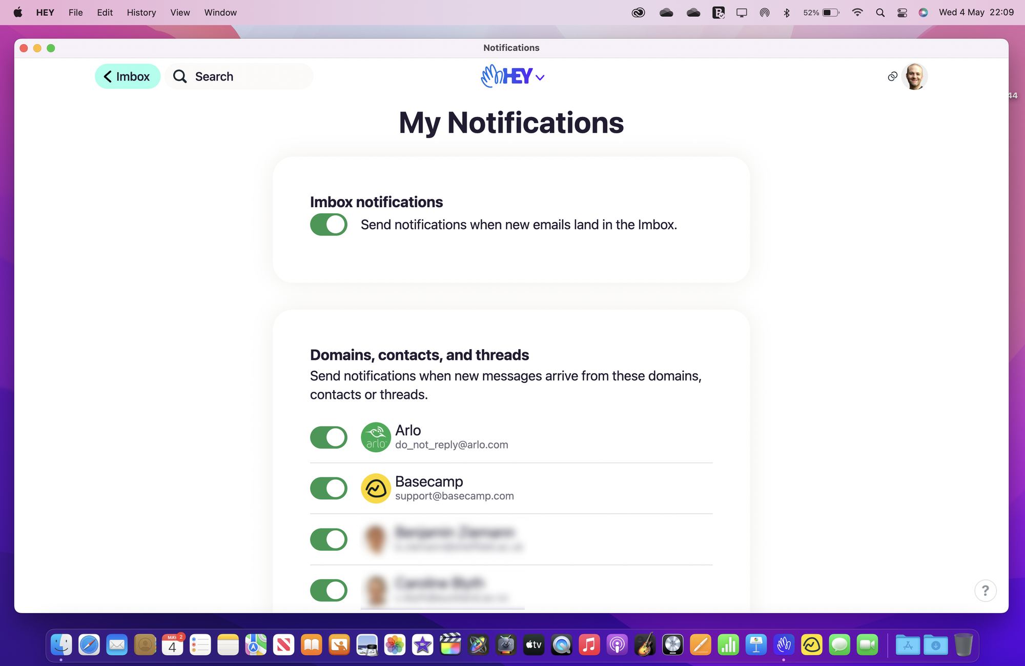 The Imbox notifications toggle for enabling notifications when emails enter the Imbox.
