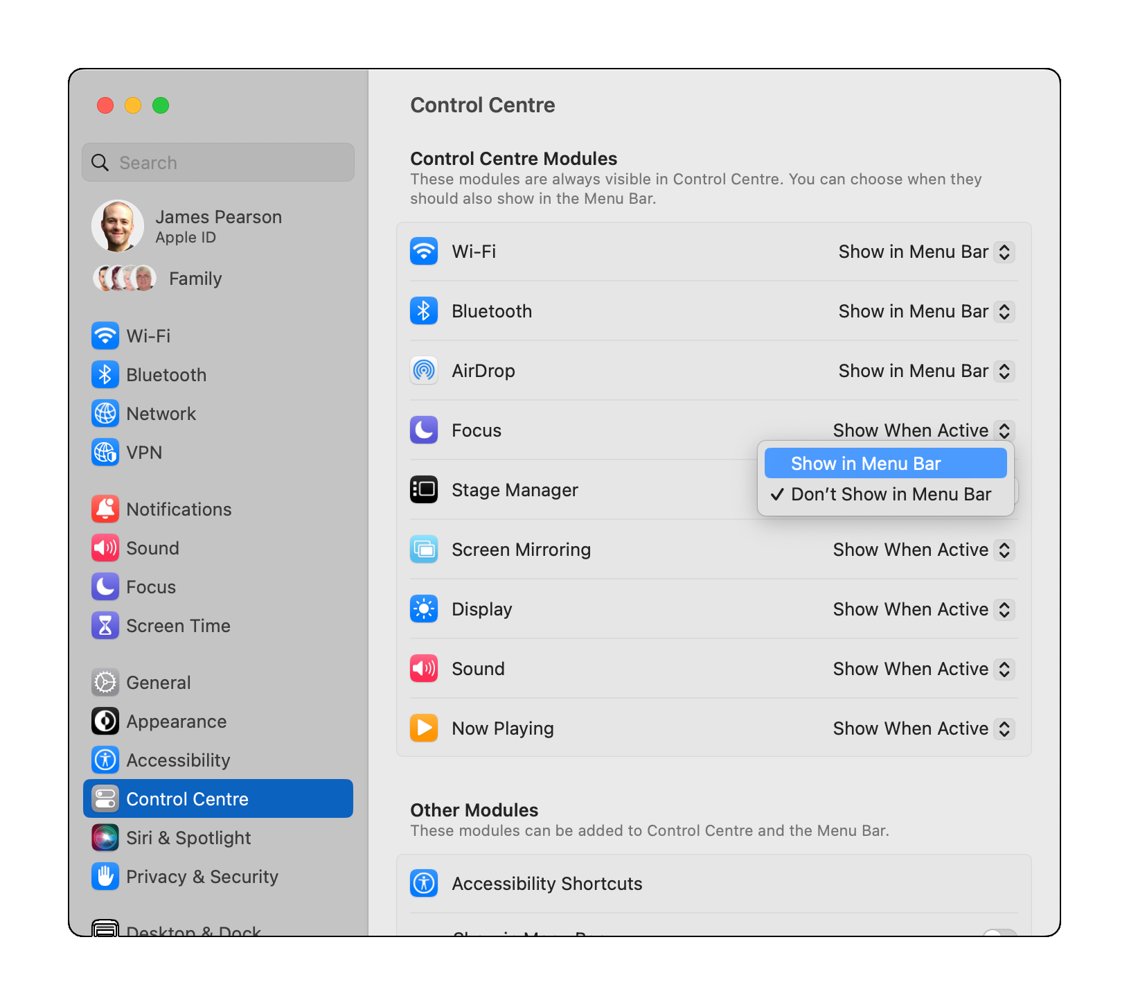 The Stage Manager option displayed in the settings menu for Control Centre with the option to Show or Don't Show in Menu Bar.